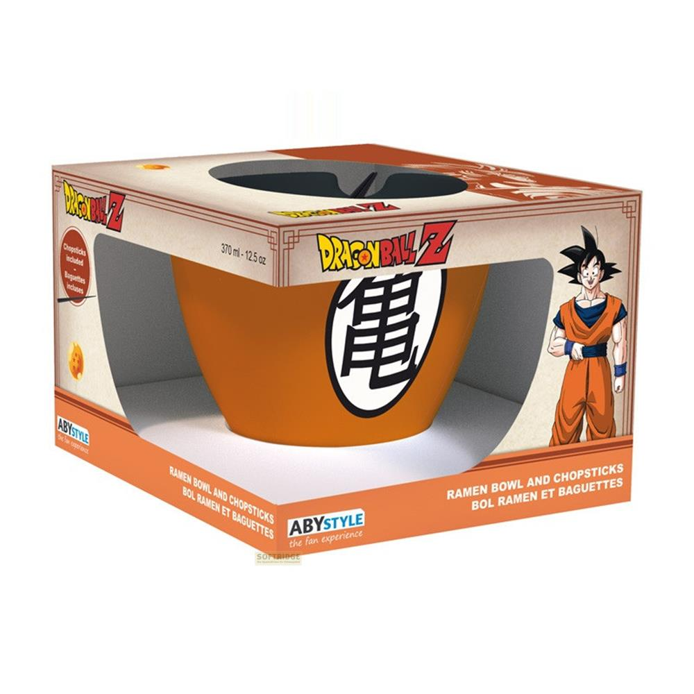 Un cuenco de ramen naranja de Dragon Ball Z con palillos en su caja.
