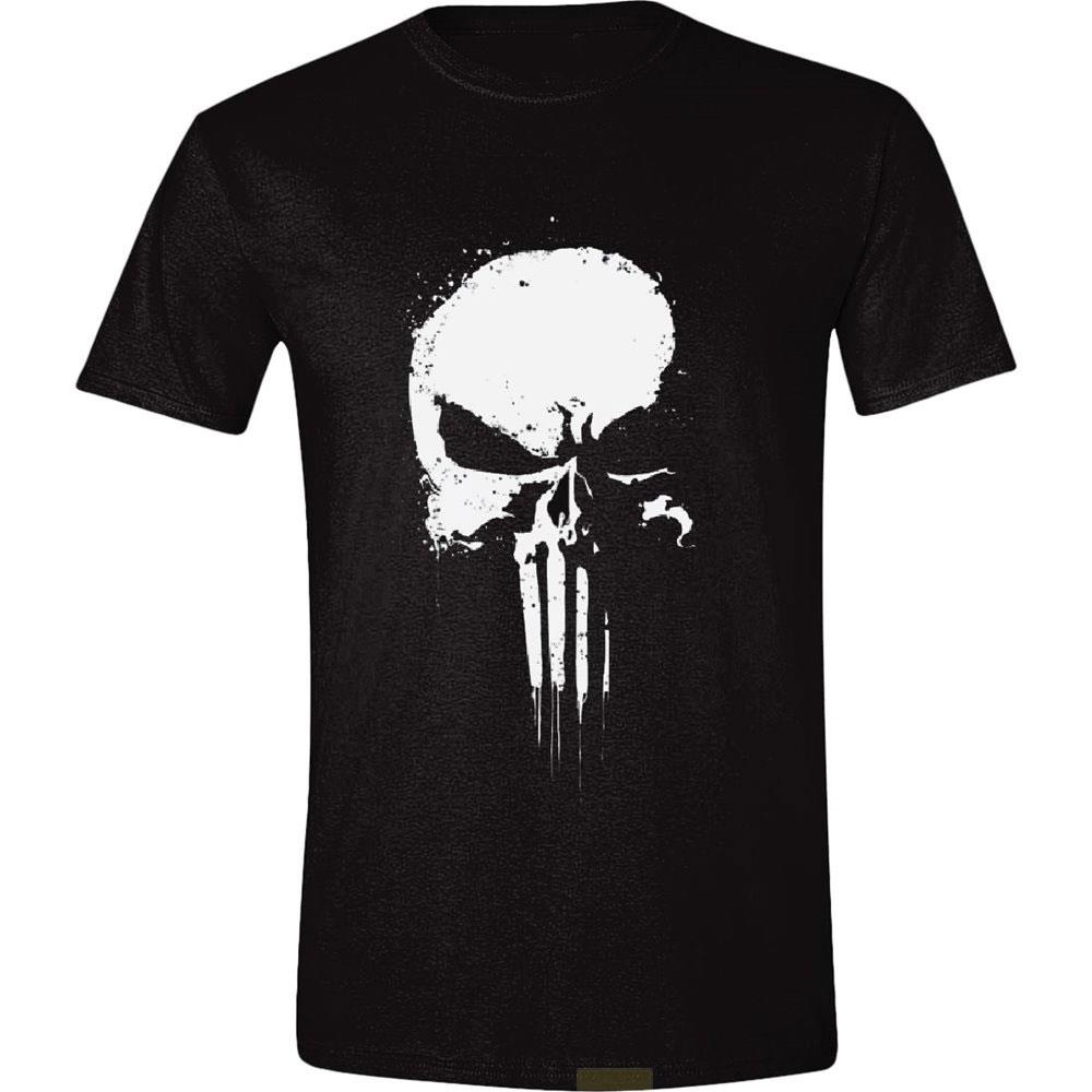 Schwarzes T-Shirt mit weißem Totenkopf-Aufdruck.