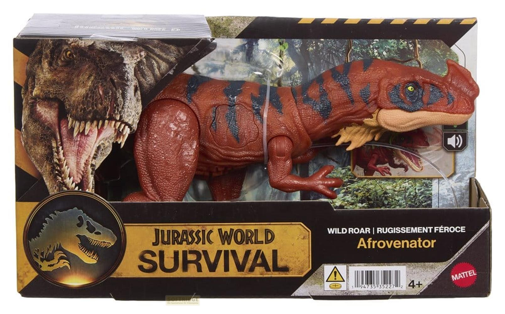 Un juguete Afrovenator marrón rojizo con rayas azules en un empaque de Jurassic World.