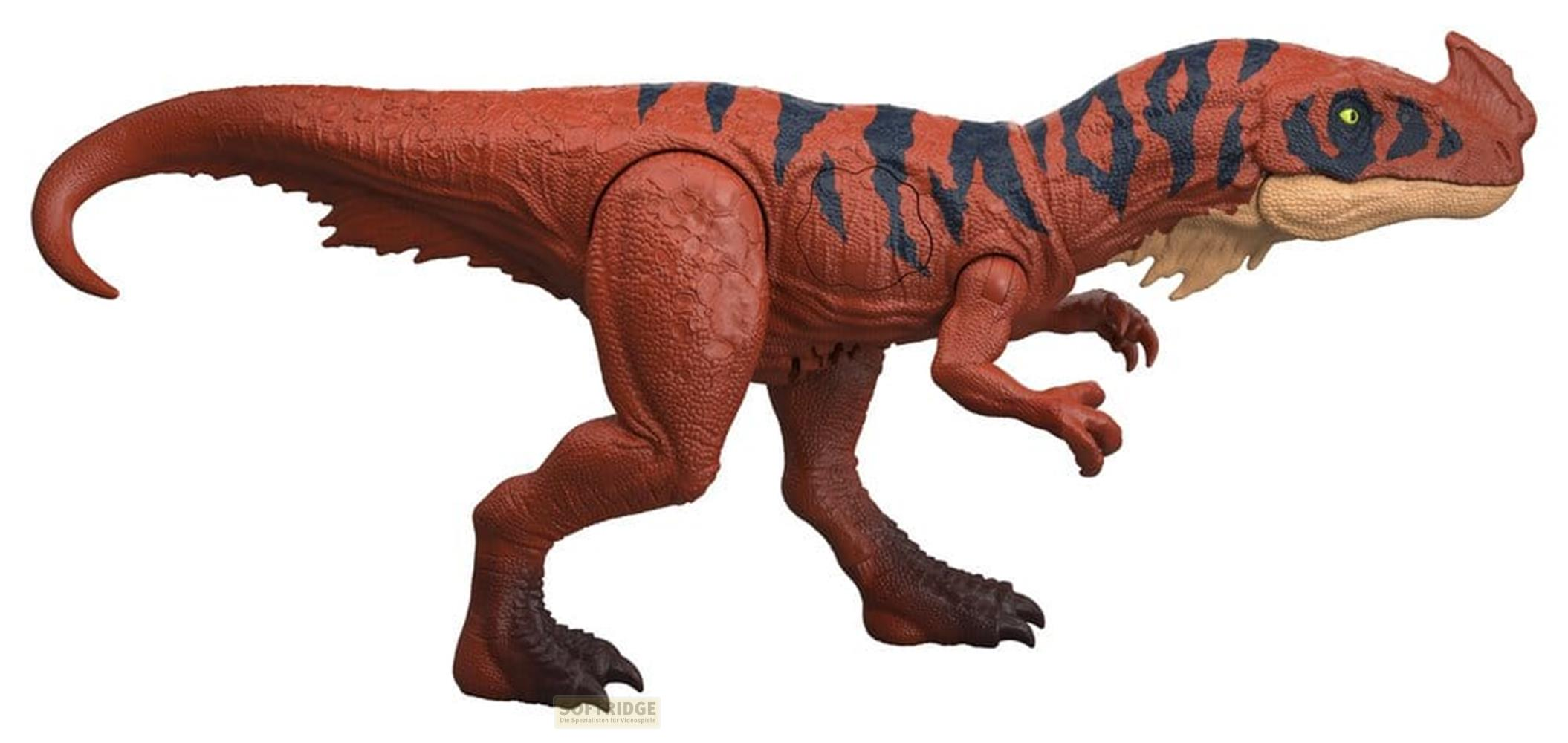 Un juguete de dinosaurio rojo con rayas negras y ojos verdes.