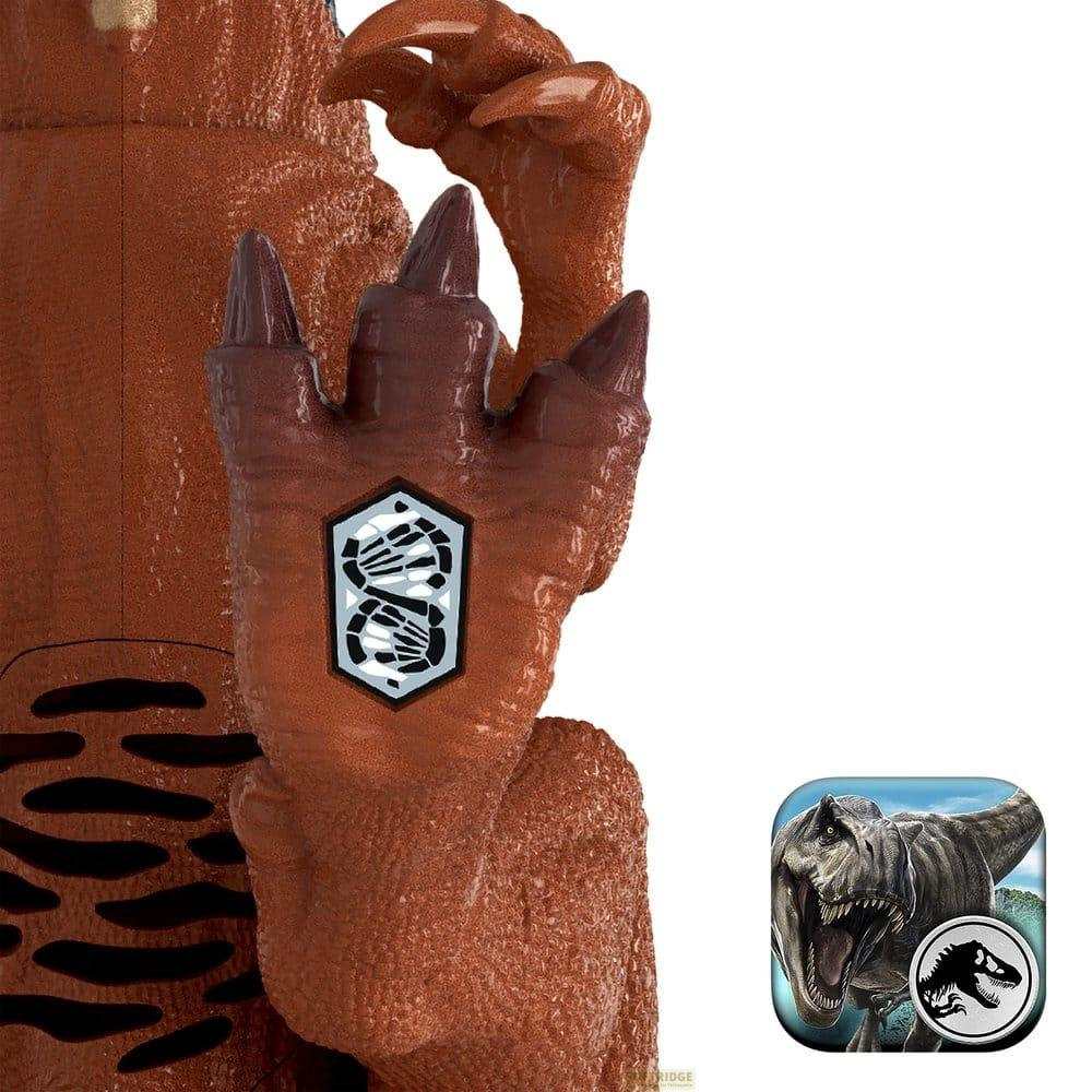 Mano de dinosaurio marrón con código QR e icono de la app Jurassic World.