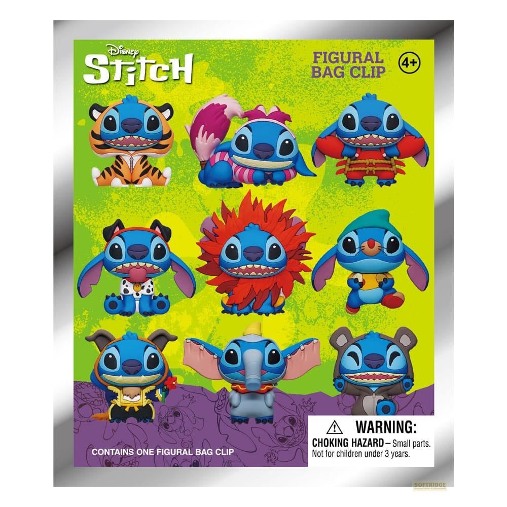 Embalaje con 9 figuras de Stitch en varios disfraces sobre fondo verde.