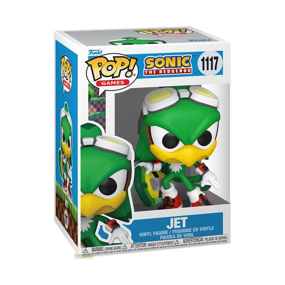 Figura de vinilo Funko Pop de Jet el Halcón de Sonic the Hedgehog dentro de una caja de colección azul y blanca.