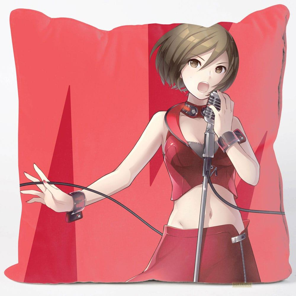 Anime-Mädchen im roten Outfit singt in ein altes Mikrofon auf rotem Hintergrund.