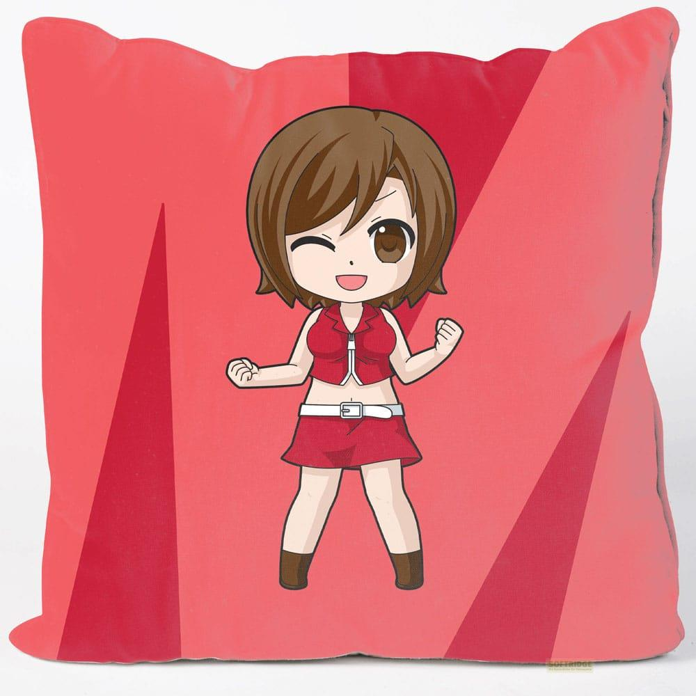 Ein Anime-Mädchen in einem roten Outfit winkt mit geballten Fäusten.