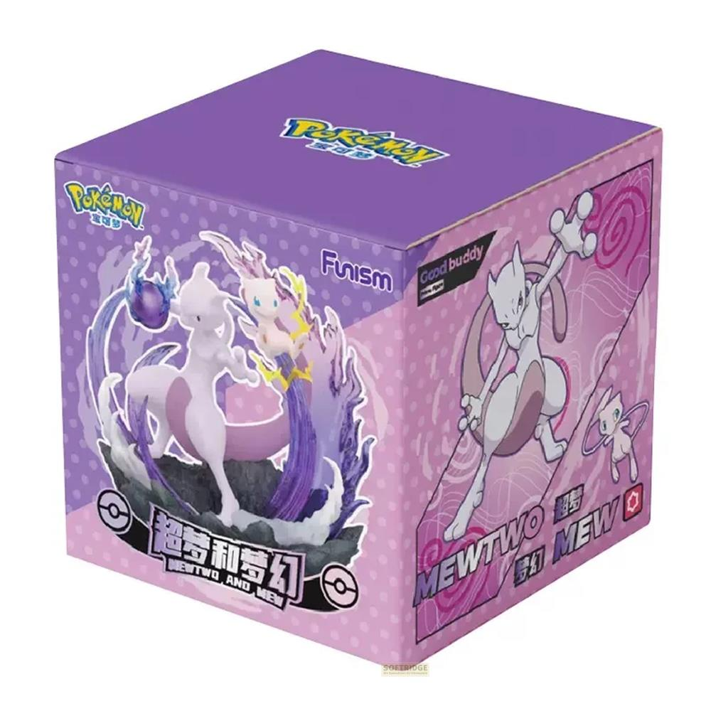 Boîte Pokémon violette avec figurines Mewtwo et Mew. Texte "Mewtwo & Mew".