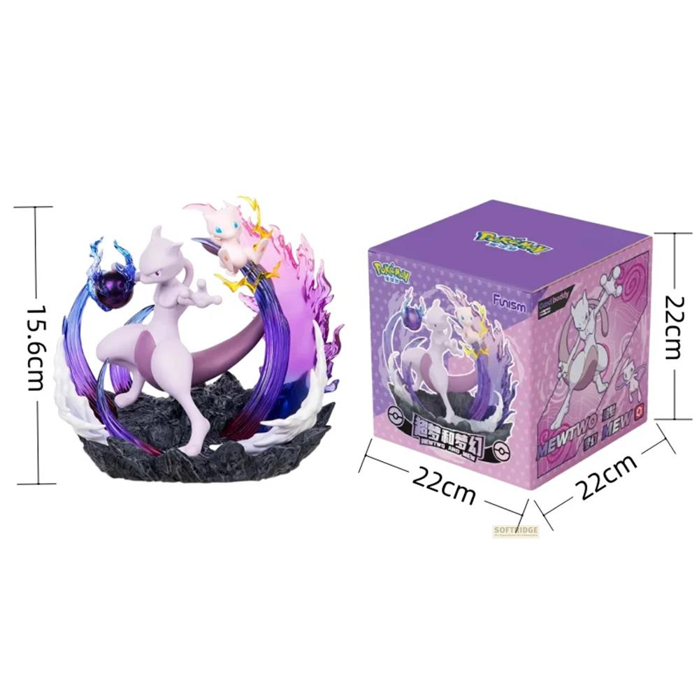 Figurines de Mewtwo et Mew avec flamme violette sur socle sombre.