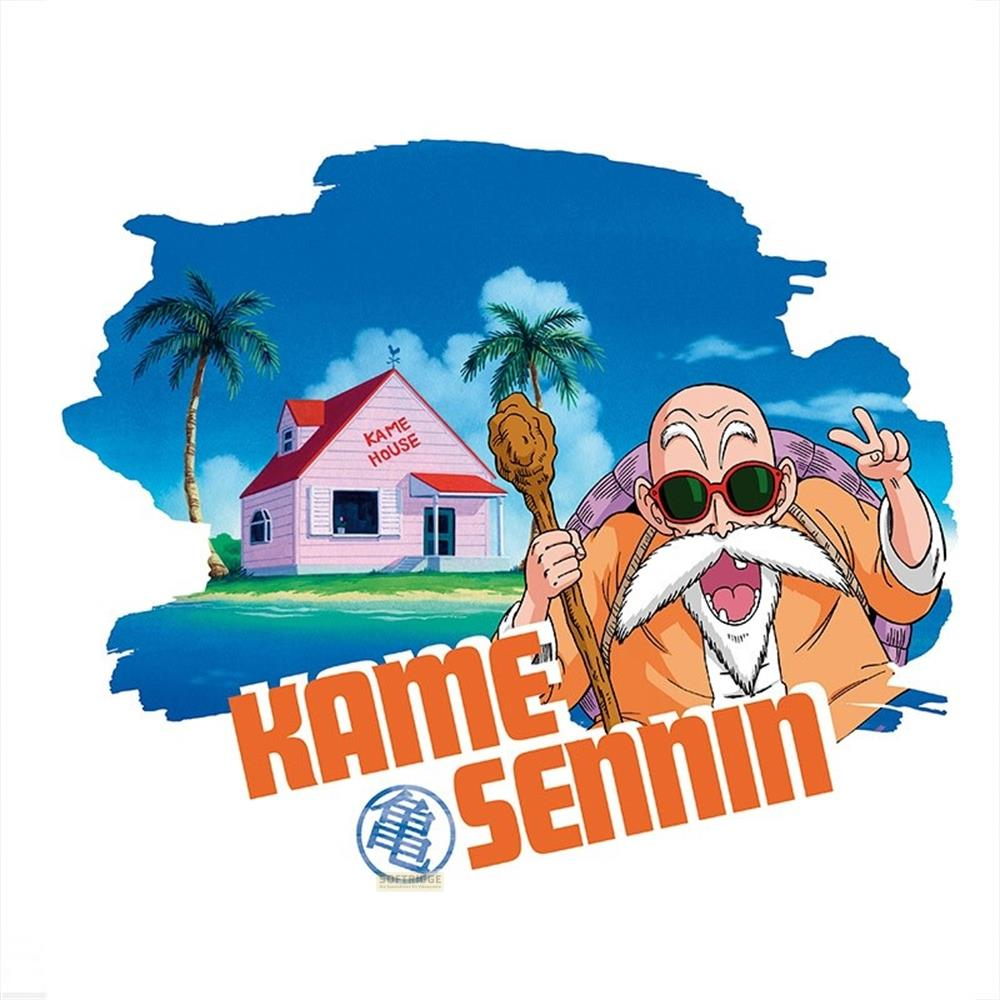 Meister Roshi mit Stab vor seinem Haus und Palmen. Text: KAME SENNIN.
