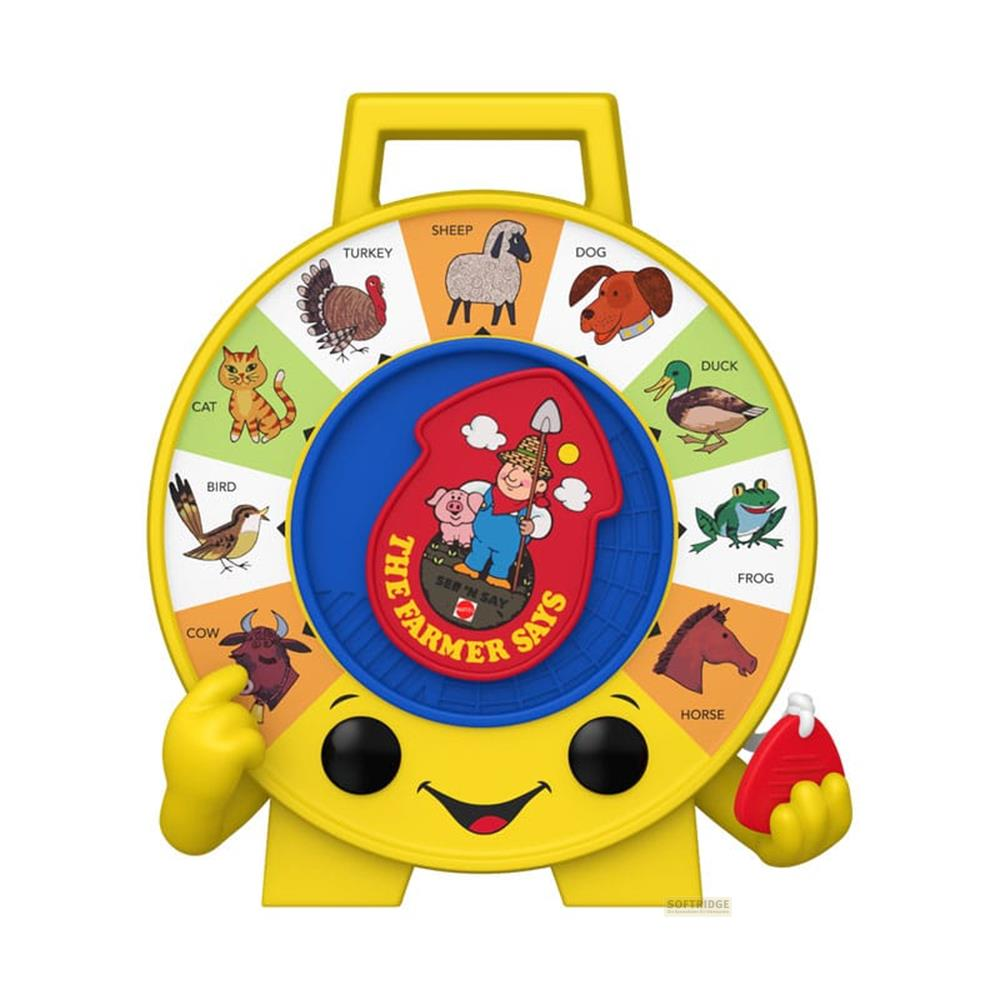 Ein gelbes Spielzeug mit Tieren und Bauernhof-Motiven, das 