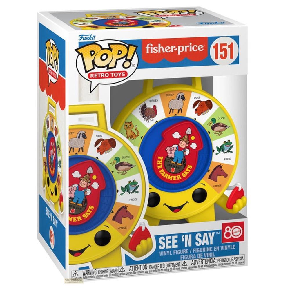 Verpackung einer Funko Pop! Retro Toys Fisher-Price 'See 'N Say' Spielzeugfigur.