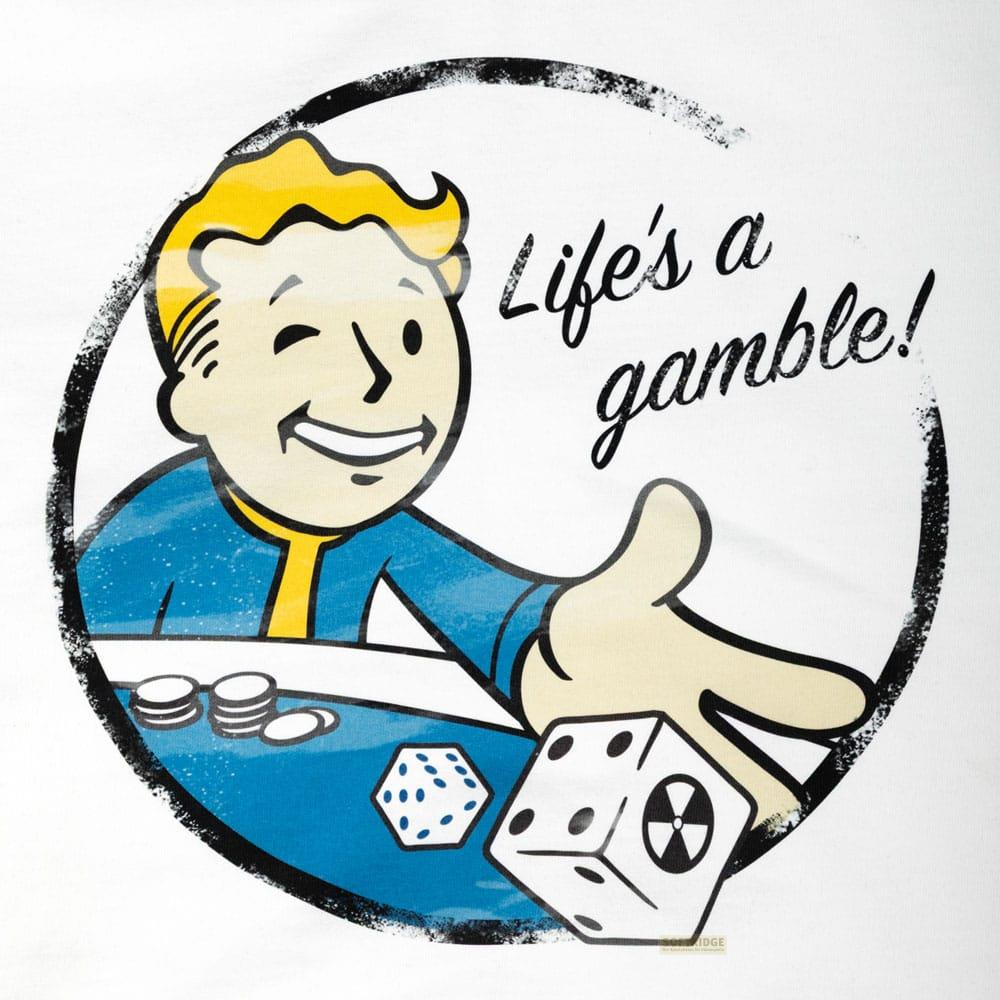 Vault Boy guiña un ojo con dados y fichas. El texto dice "Life's a gamble!"
