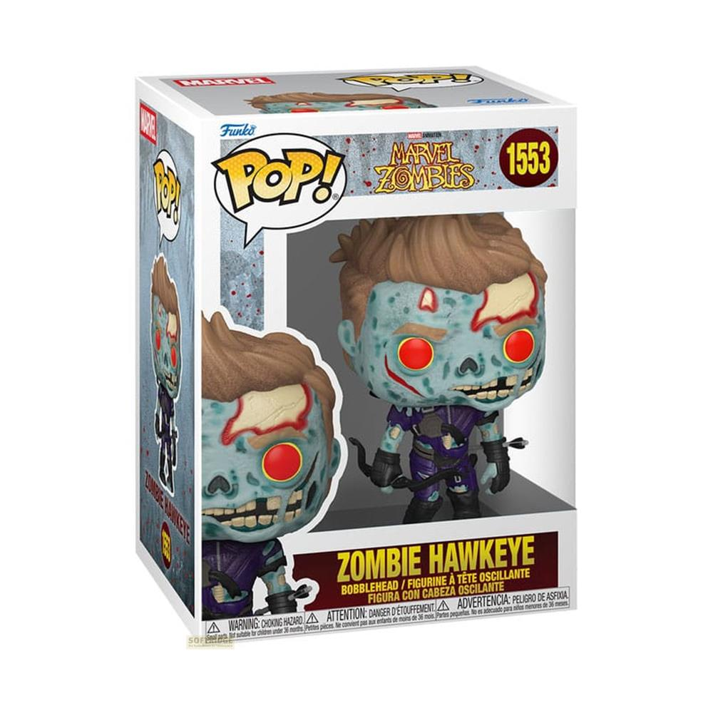 Figura Funko Pop! Zombie Hawkeye en caja, con piel azul verdosa y ojos rojos.