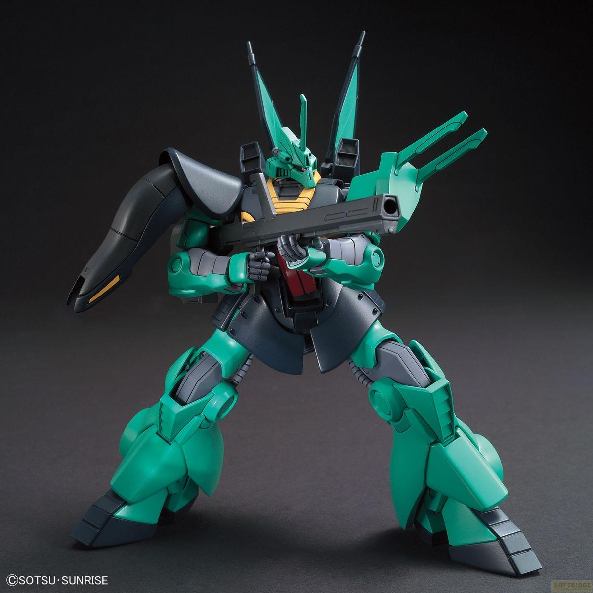 Robot vert et gris tenant un fusil sur fond noir.