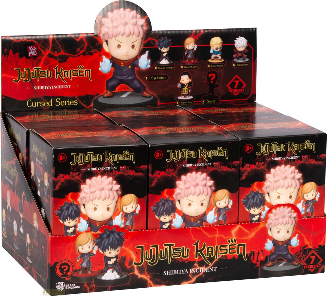 Jujutsu Kaisen Shibuya Incident Figurenboxen mit Charakteren und Sammlerstücken.