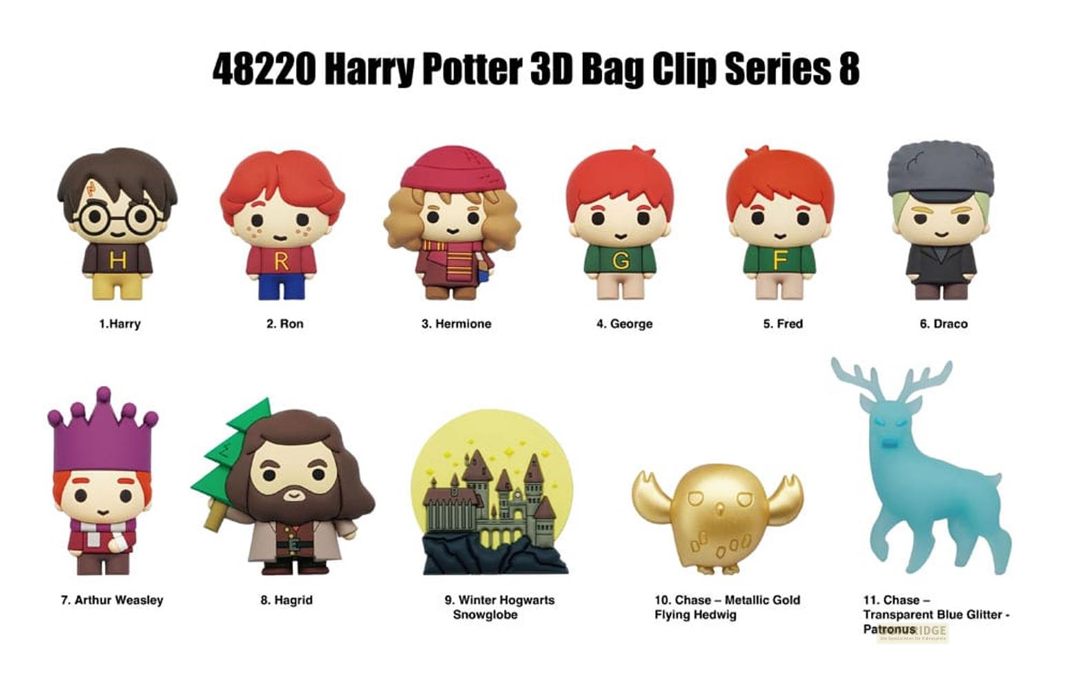 Harry Potter 3D Bag Clips Serie 8: Harry, Ron, Hermione, George, Fred, Draco, Arthur, Hagrid, Castillo, Hedwig, Ciervo.