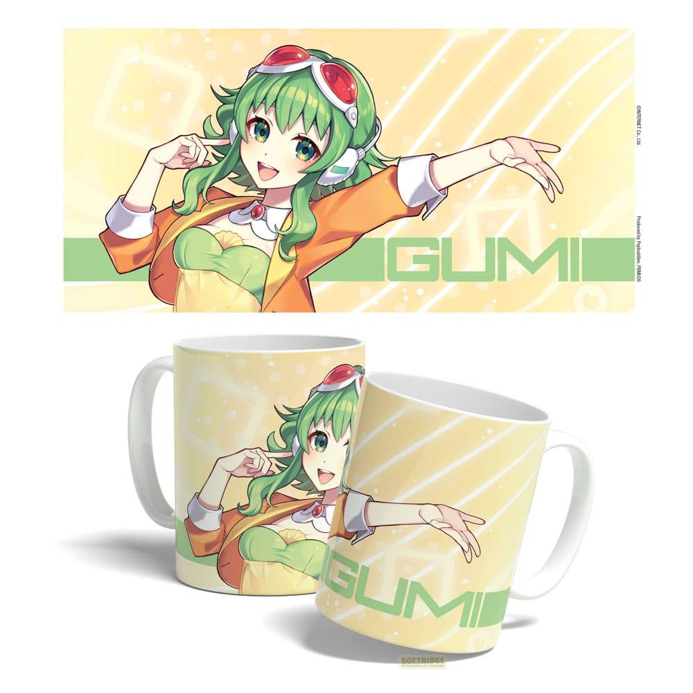 Anime-Mädchen mit grünen Haaren und Kopfhörern auf gelbem Hintergrund mit GUMI-Text.