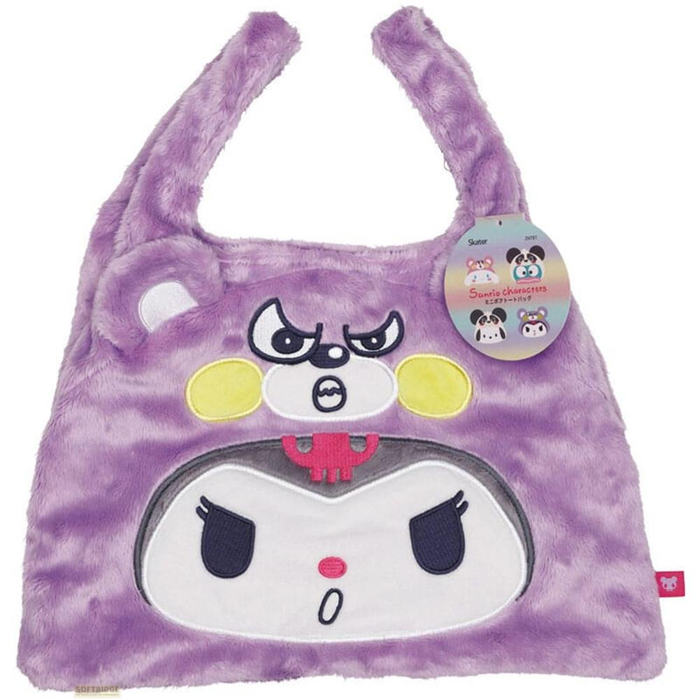 Lila Plüschtasche mit Charaktergesicht und Henkeln. Enthält ein Etikett mit Sanrio-Figuren.