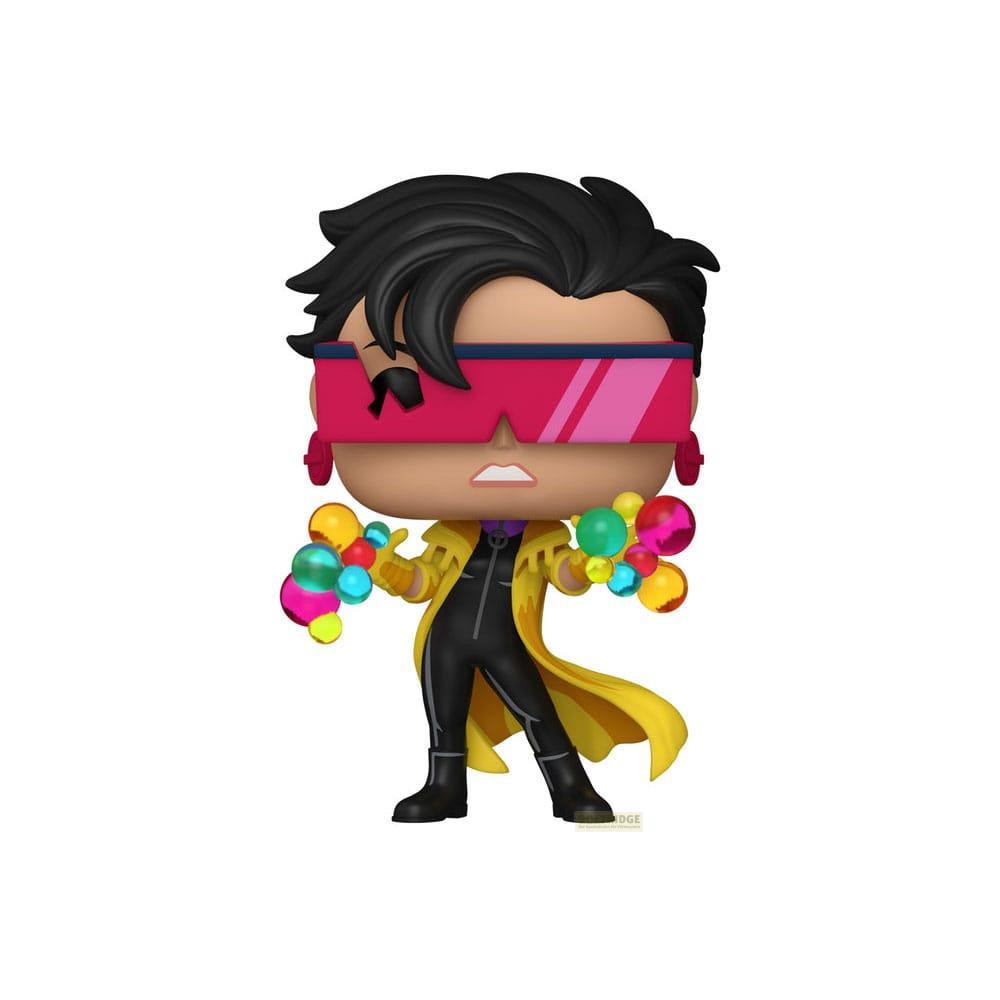 Figur in gelbem Mantel, schwarzem Anzug, mit pinker Brille und bunten Kugeln.