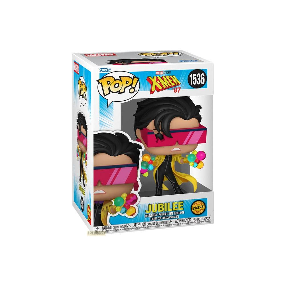 Funko Pop! X-Men Jubilee Figur mit pinker Sonnenbrille und gelbem Mantel, hält bunte Kugeln.