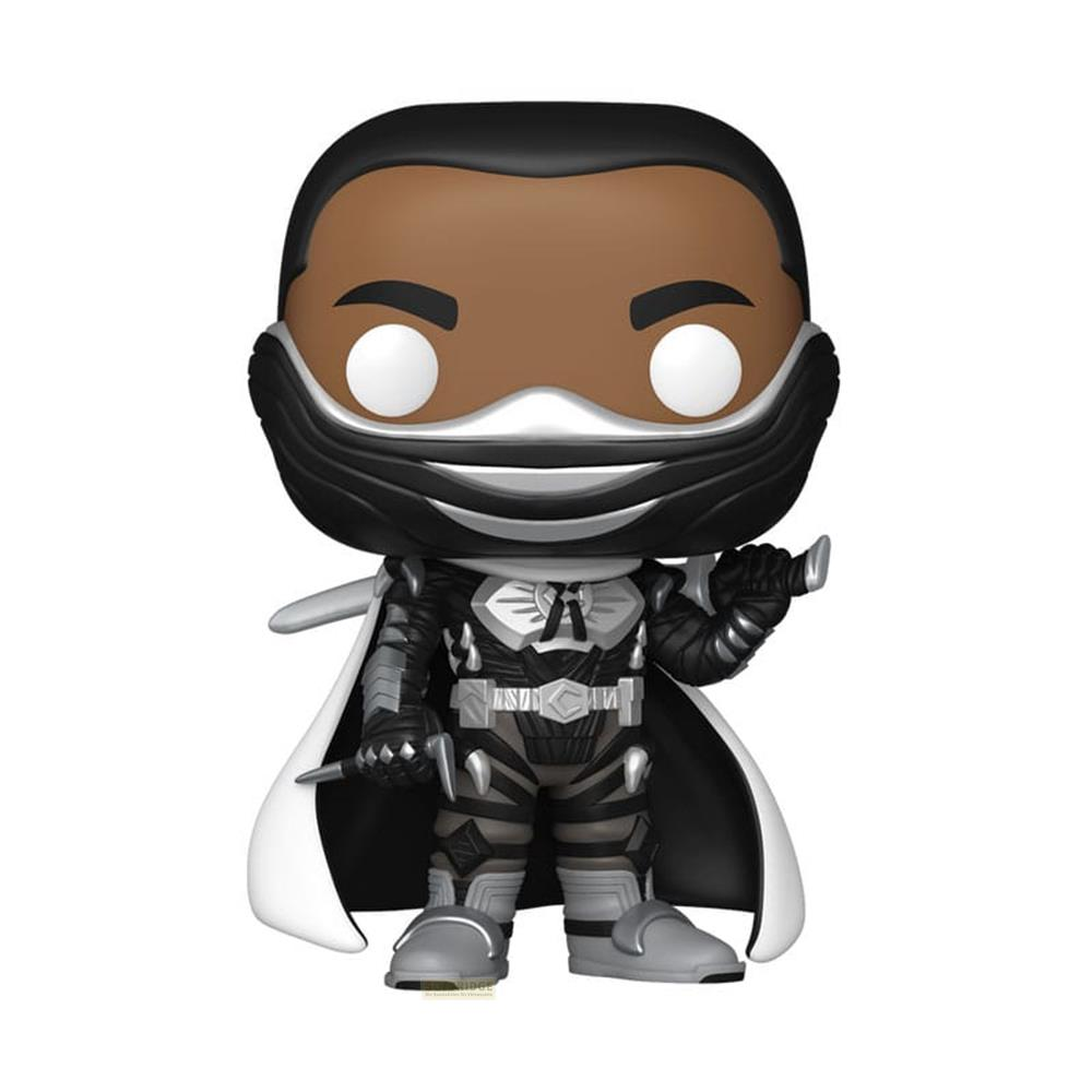 Eine Funko-Figur eines Mannes mit schwarzer Maske, weißem Cape und grauem Anzug.