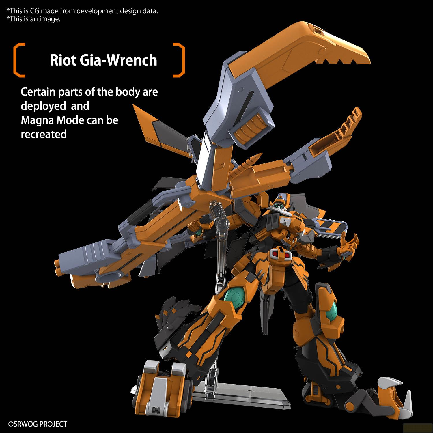 Un modèle de robot détaillé orange et gris, nommé Riot Gia-Wrench, posé dynamiquement.
