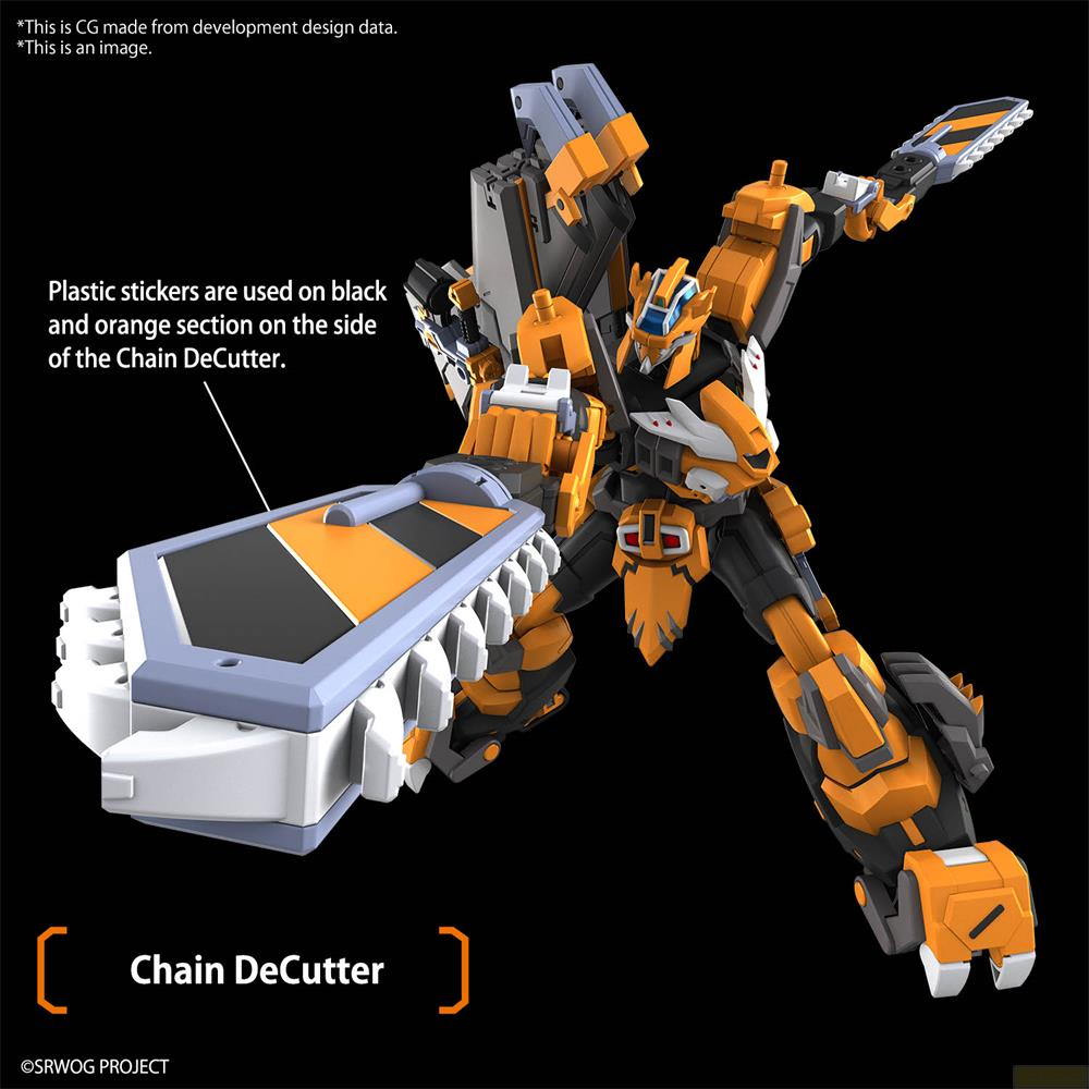 Un robot orange et noir tient une arme de type chaîne-coupeuse.