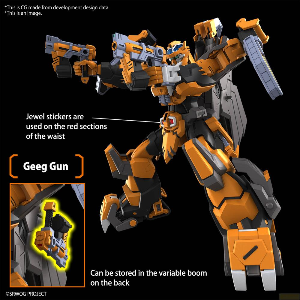 Robot orange et gris tenant deux pistolets. L'encart montre un pistolet rangé sur son dos.