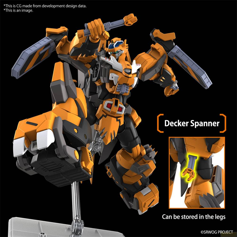 Robot orange et noir tenant une arme qui peut être rangée dans les jambes.