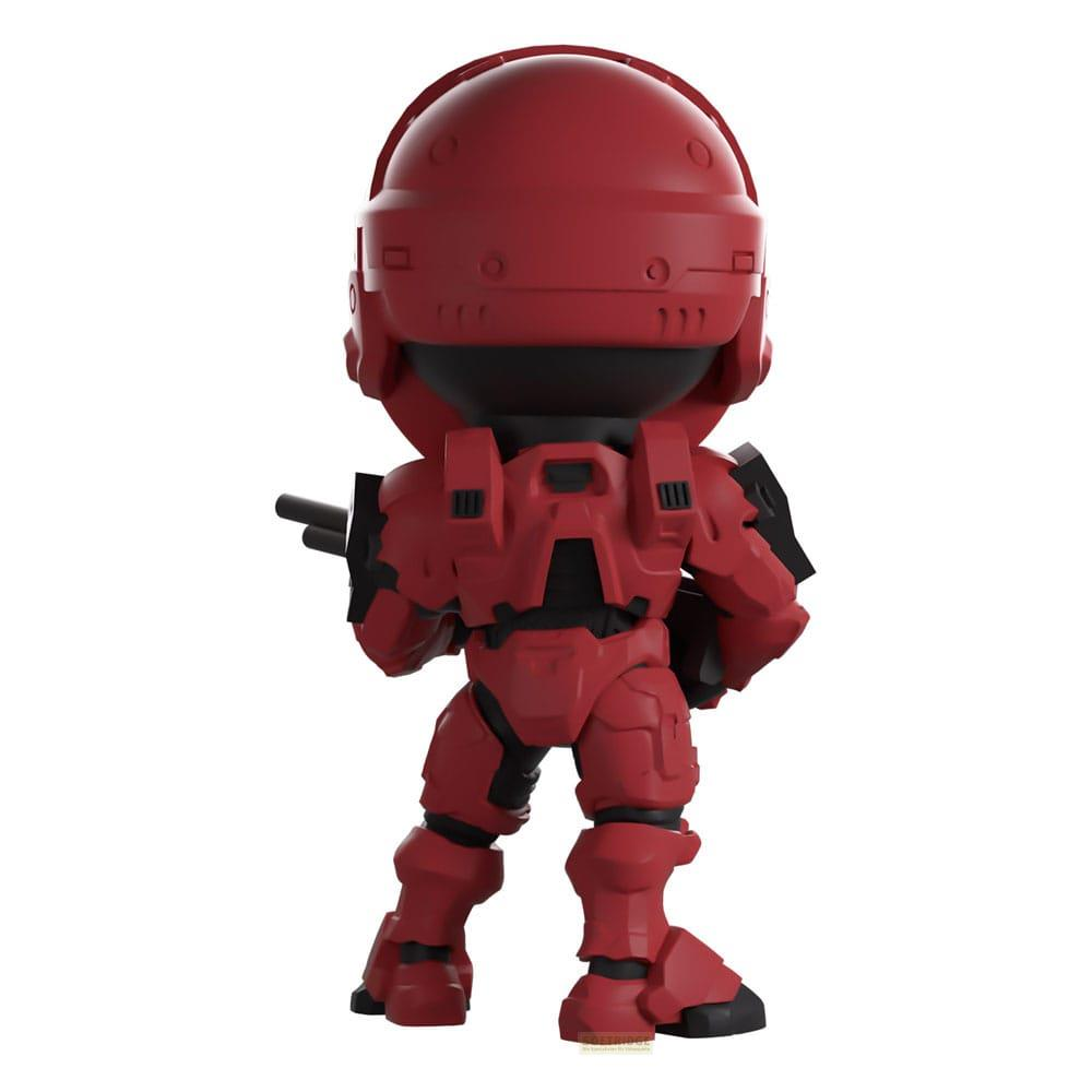 Eine rote Figur mit Helm und Rüstung, die eine Waffe hält.