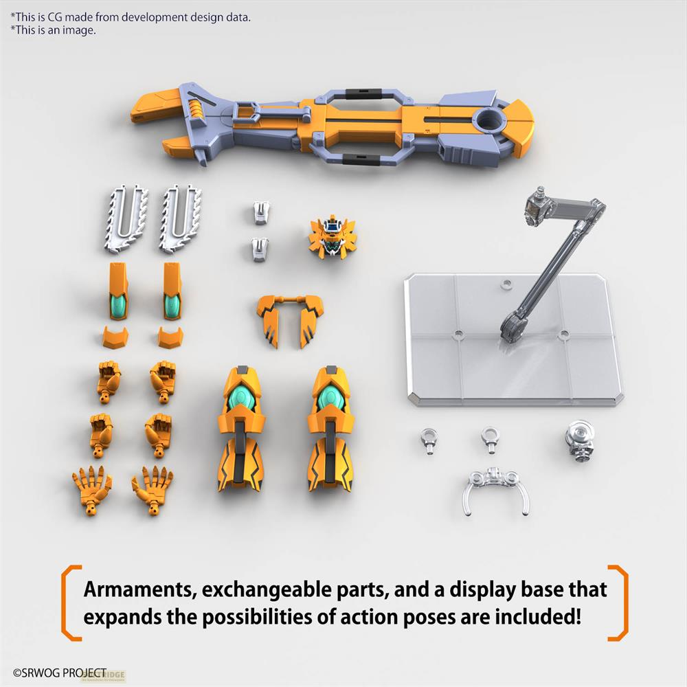 Pièces de kit de modèle : arme, mains, sections de corps et présentoir.