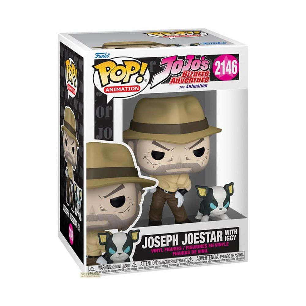 Figuras de vinilo Funko Pop de Joseph Joestar e Iggy de JoJo's Bizarre Adventure.
