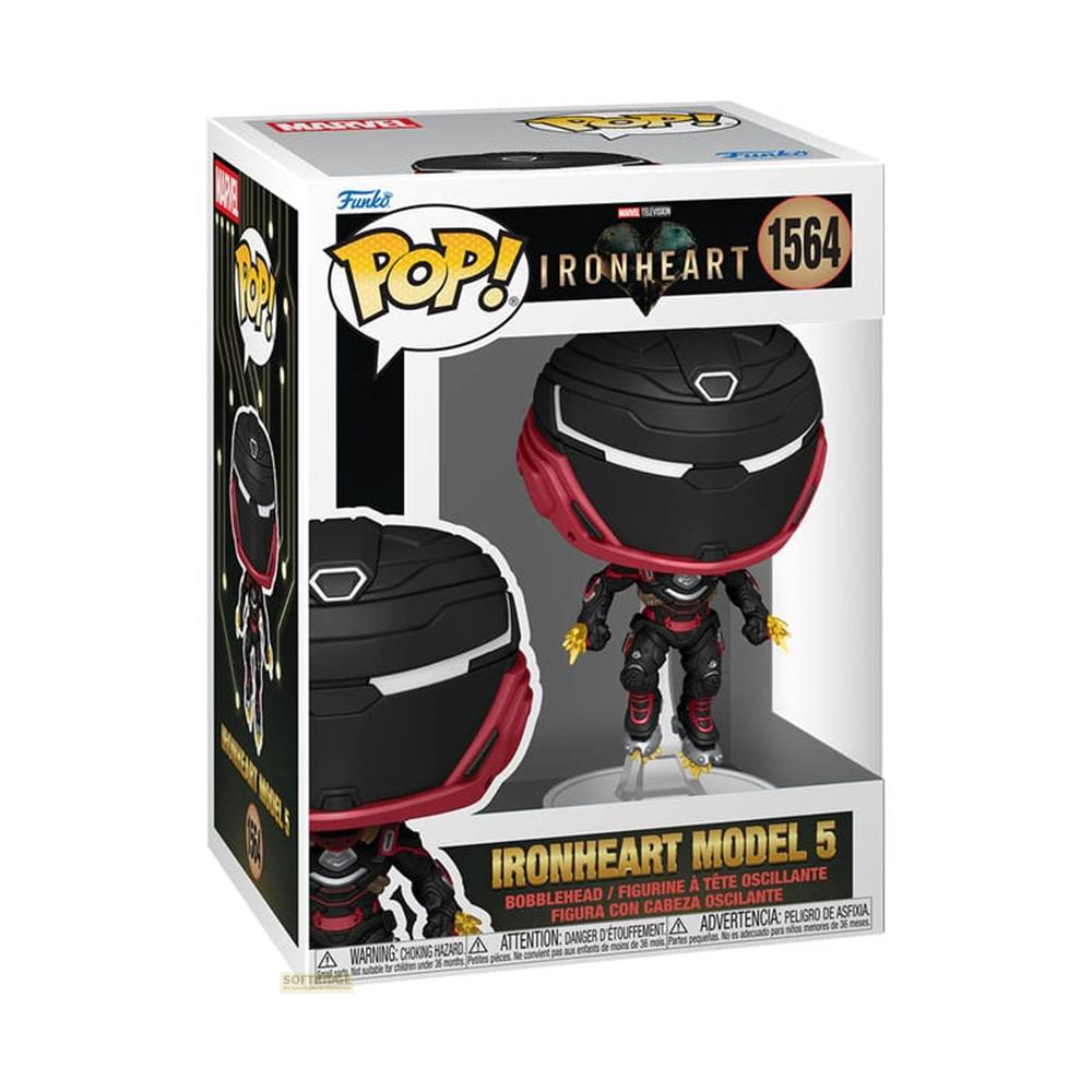 Figura Funko Pop! Ironheart en caja, vistiendo un traje negro y rojo.