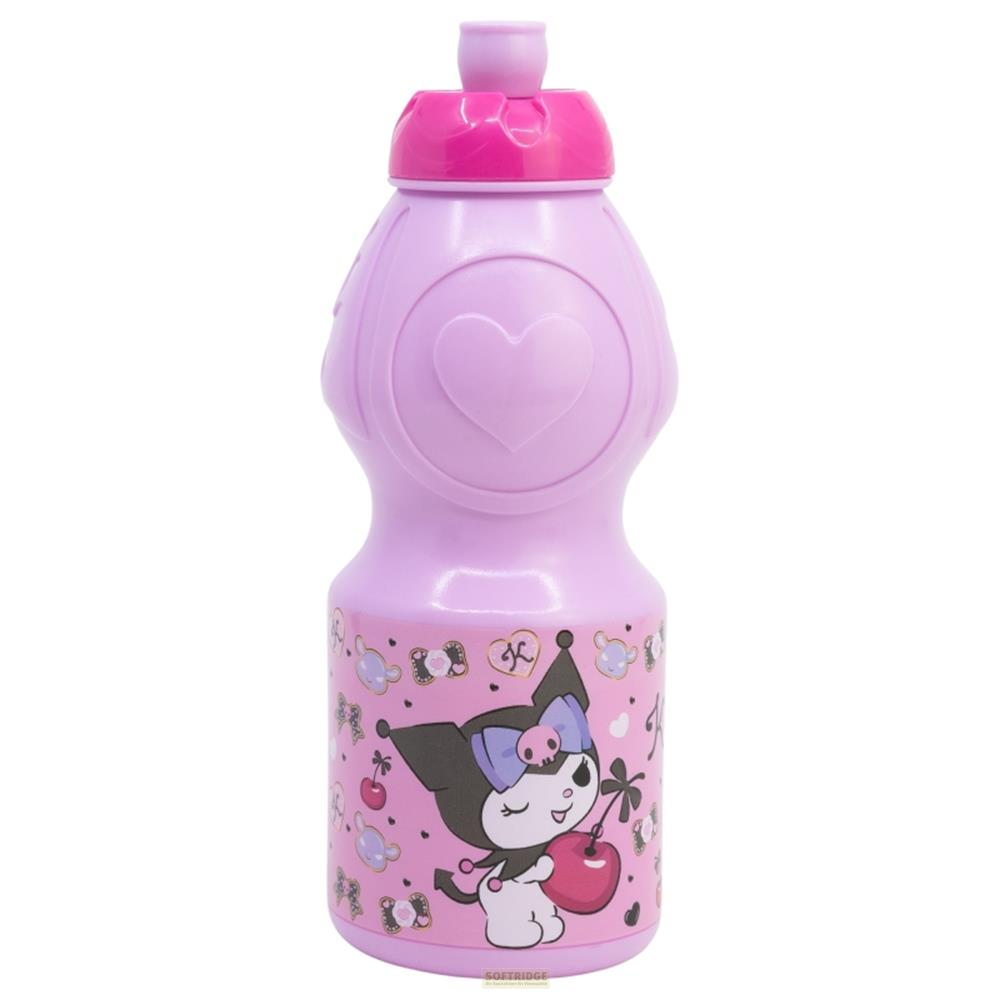 Eine lila Wasserflasche mit Kuromi und Kirschen. Oben ist ein Herz.