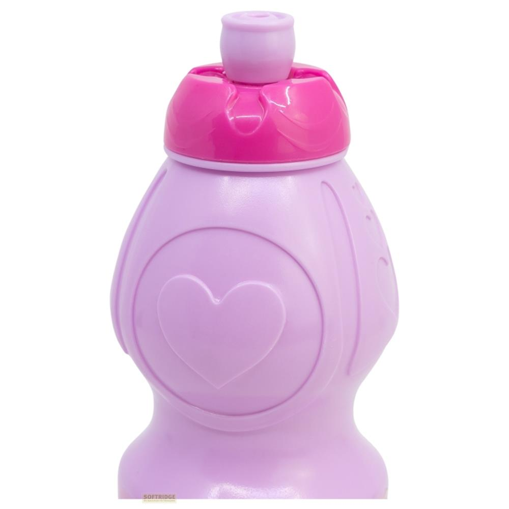 Eine lila Wasserflasche mit einem rosa Verschluss und einem Herzdetail.