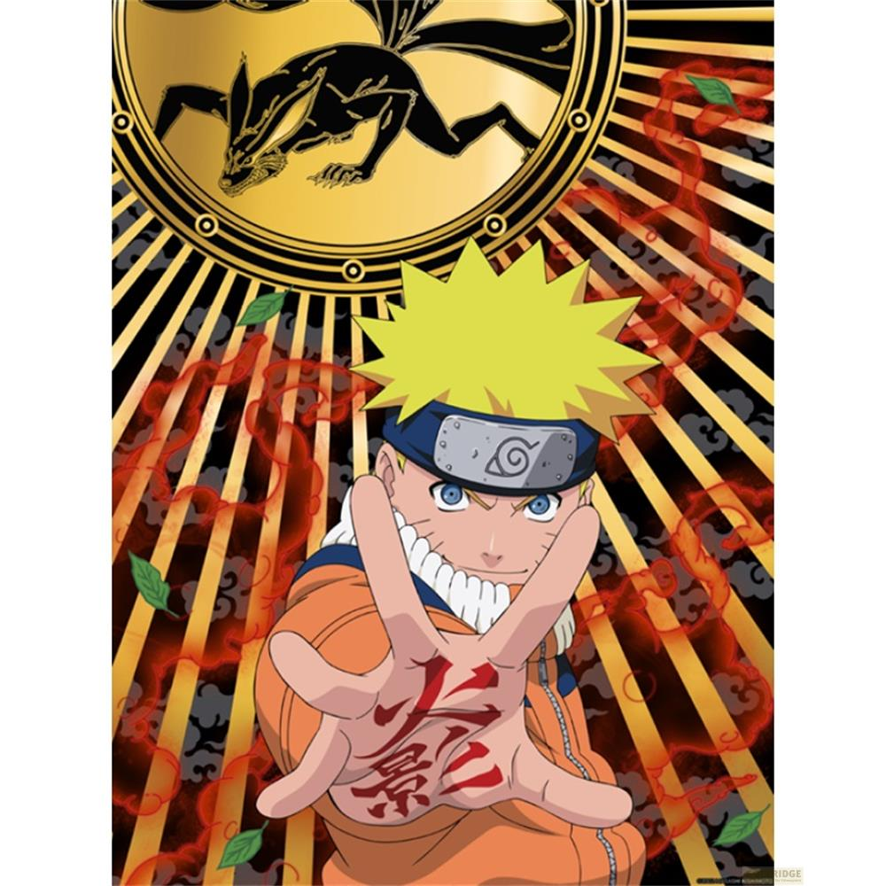 Naruto Uzumaki mit gelben Haaren und orangem Outfit, Hände erhoben.