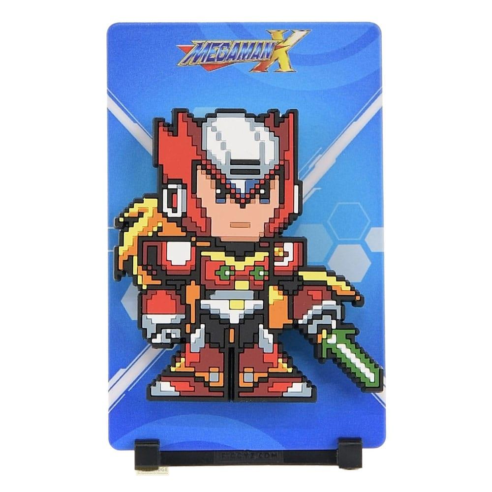 Pixel-Figur Zero von Megaman X mit Schwert auf blauem Hintergrund.