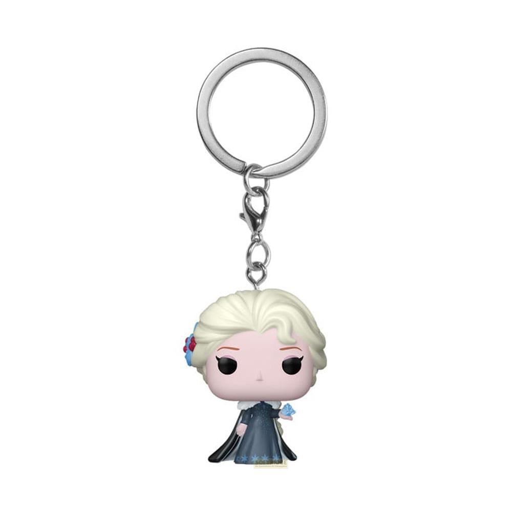 Llavero Funko Pop de Elsa con vestido azul y flor de hielo.