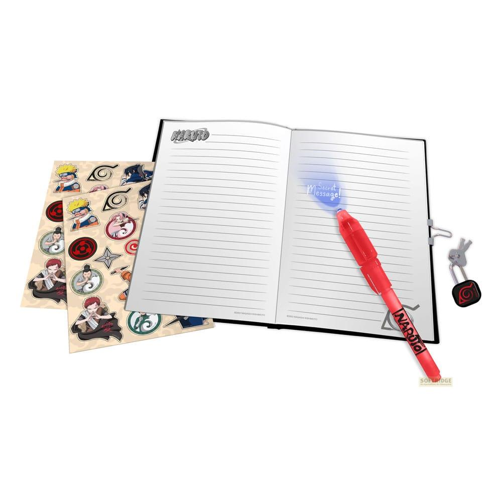 Naruto-Tagebuch mit Aufklebern, einem Stift und einem Schloss.