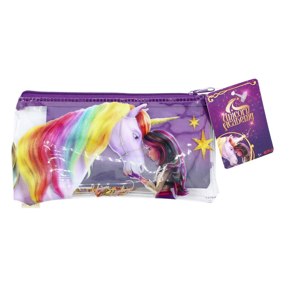 Einhorn-Etui mit Mädchen und Einhorn, buntem Schweif, Sternen und Netflix-Logo.