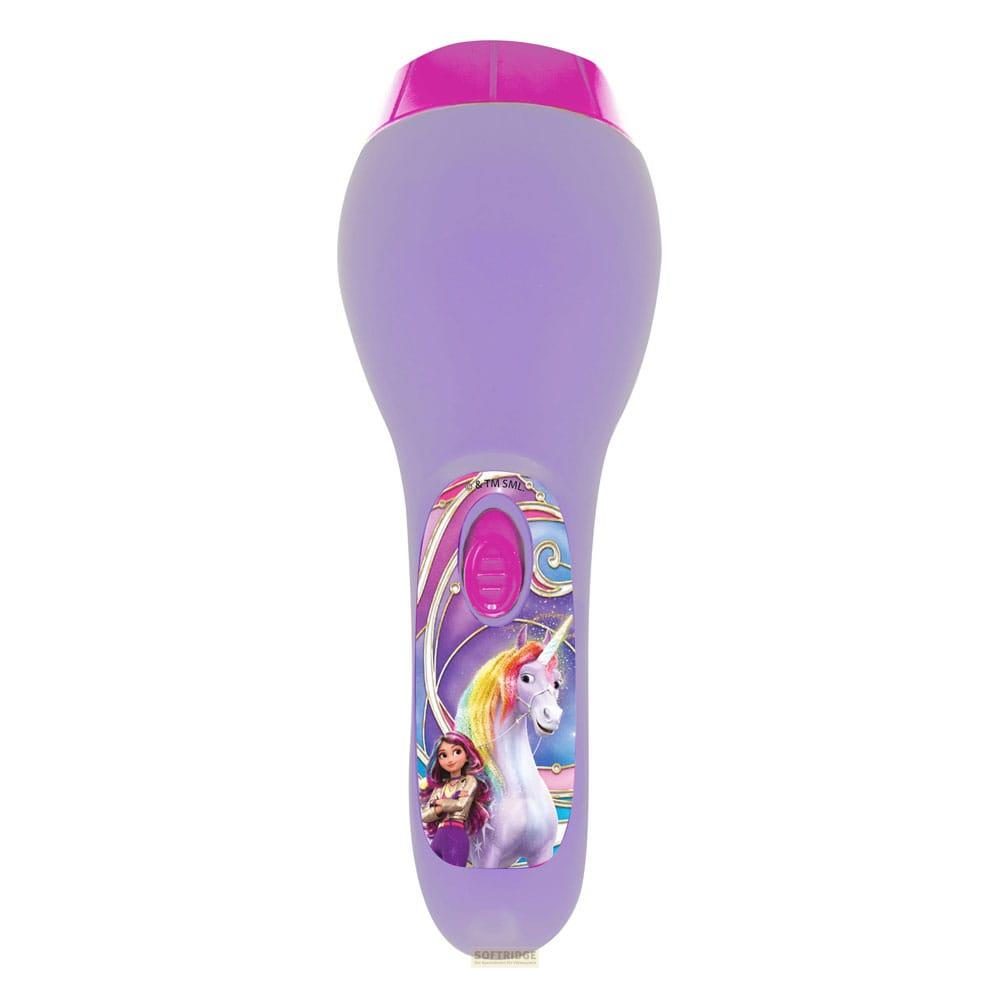 Lila Haarstylingspielzeug mit Einhorn- und Prinzessinnen-Aufkleber und pinkem Knopf.