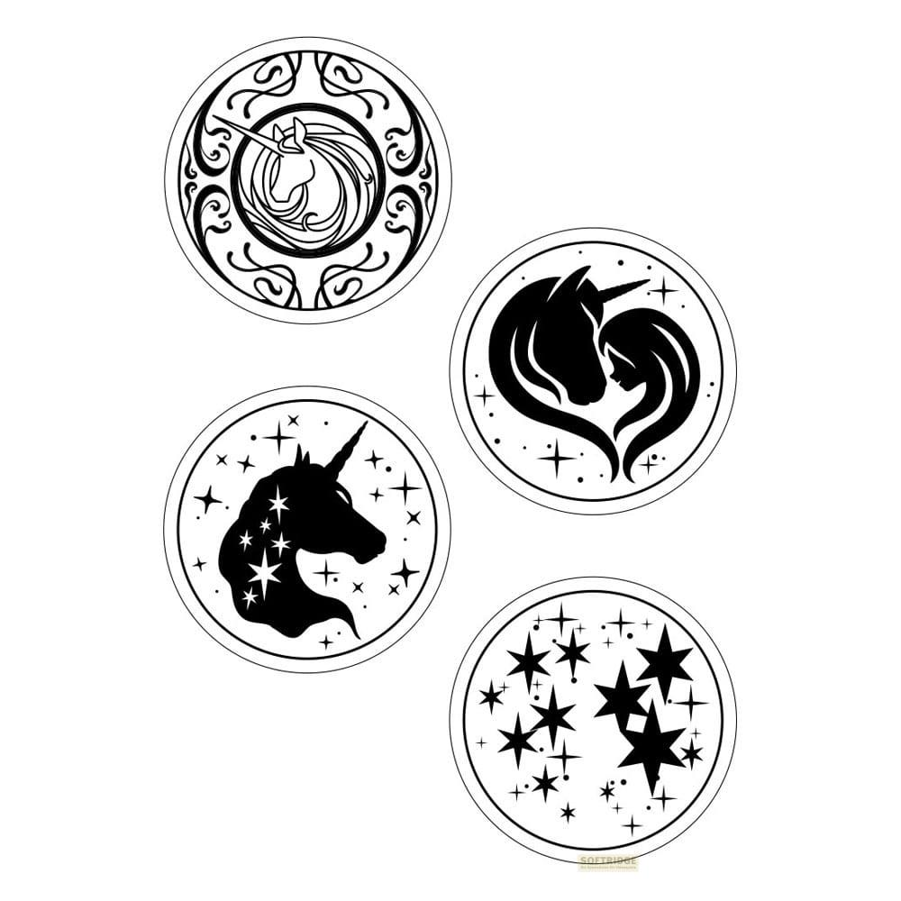 Vier Kreise mit Einhorn- und Sternmotiven in Schwarzweiß.