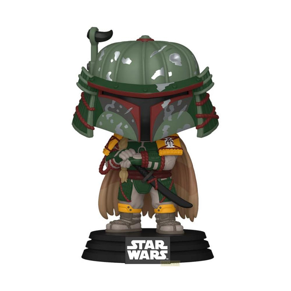 Boba Fett Funko Pop Figur mit grüner Rüstung und Helm, gekreuzten Armen und Schwert.