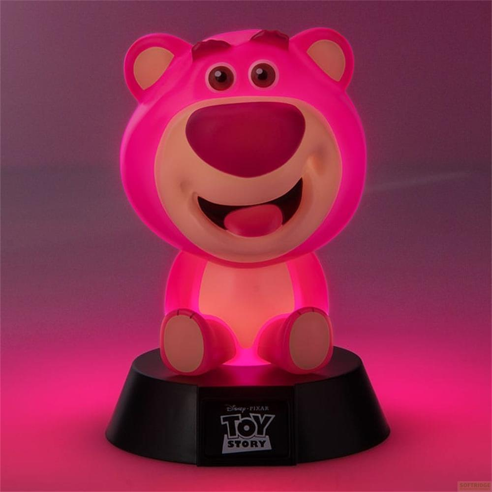 Świecąca różowa figurka misia Lotso z Toy Story na czarnej podstawie.