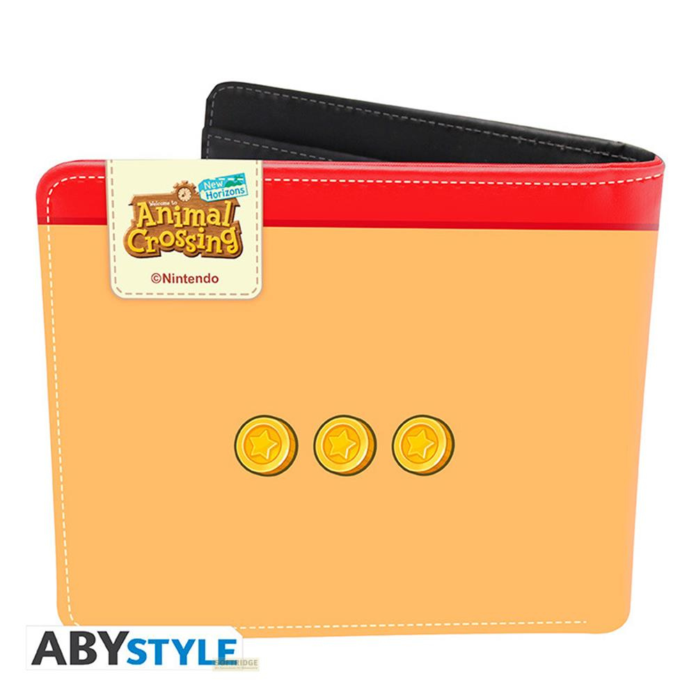 Una cartera naranja con el logo de Animal Crossing y tres monedas de oro.