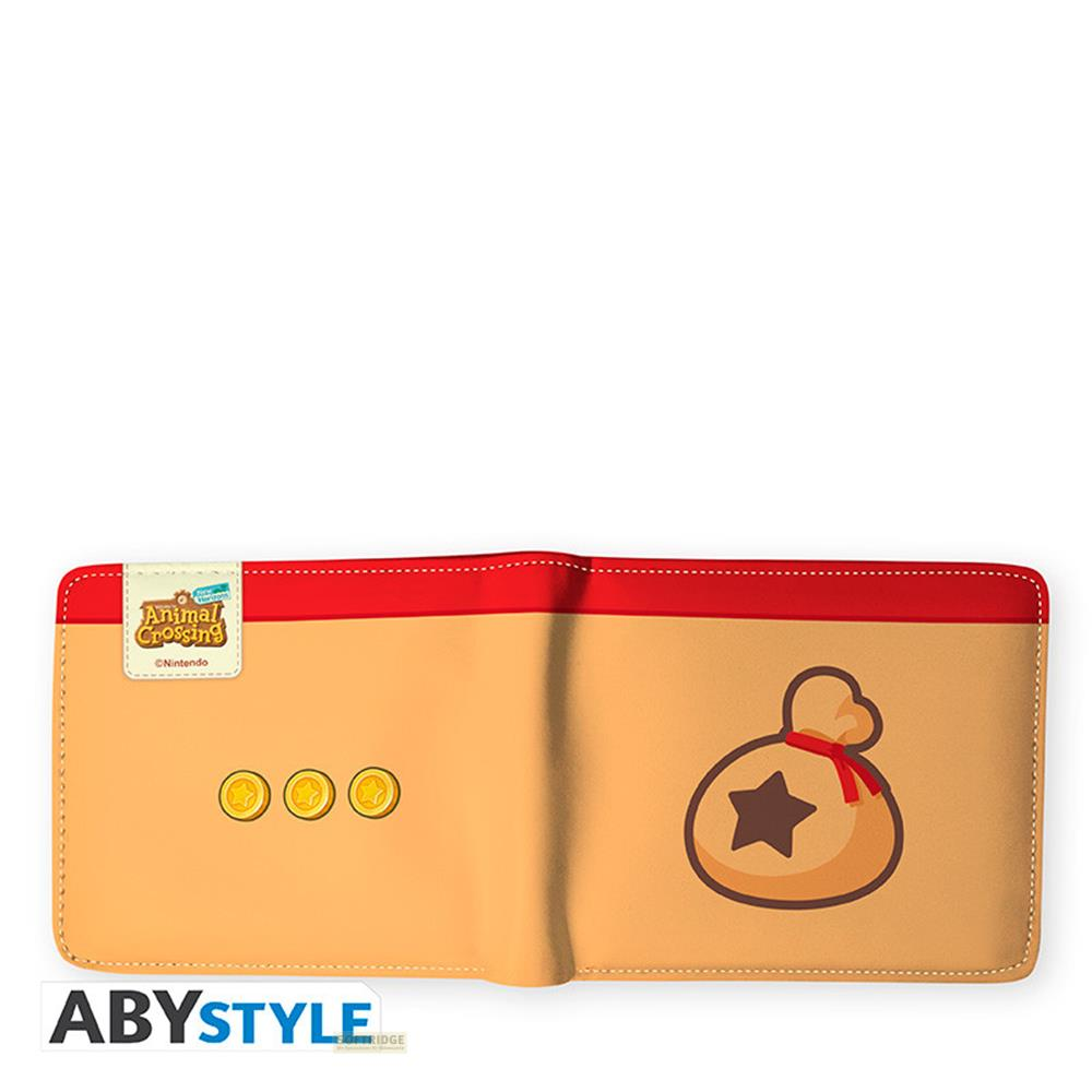 Cartera beige con logo "Animal Crossing", tres monedas y un icono de bolsa de dinero.
