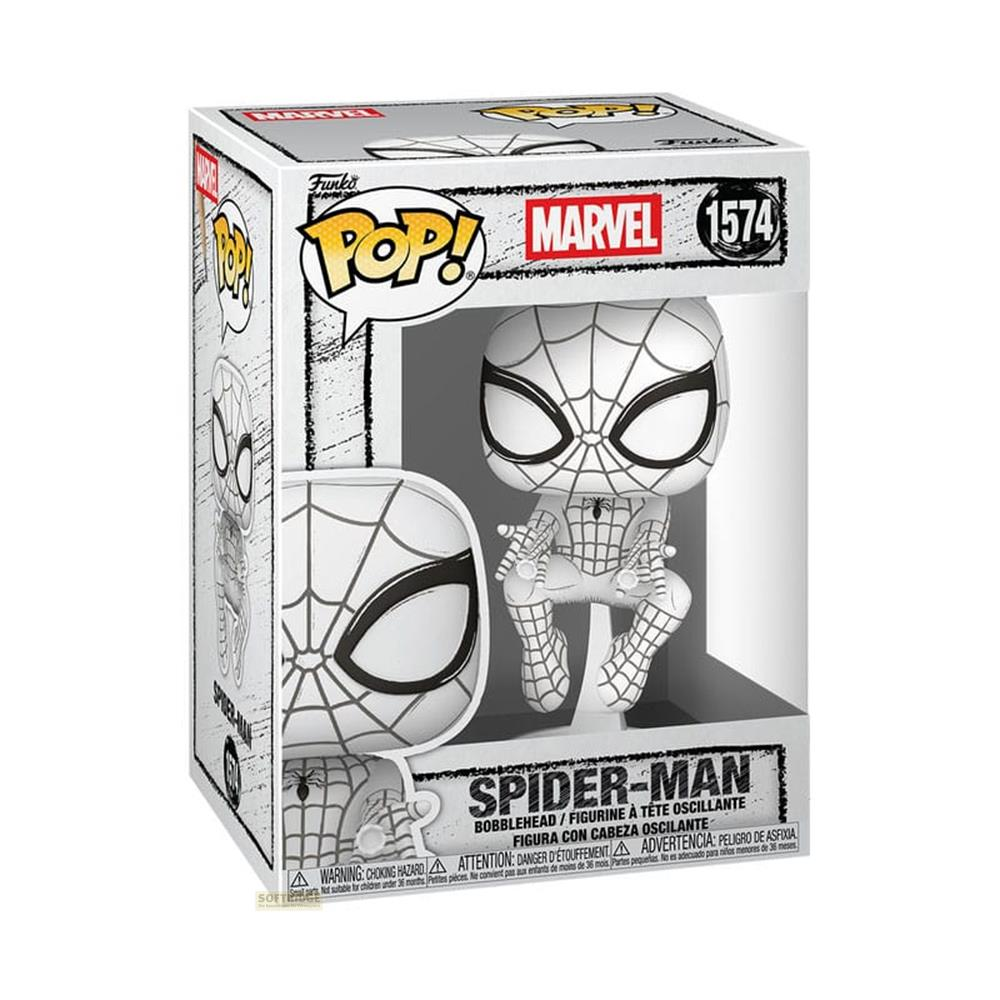 Figura Funko Pop de Spider-Man en blanco y negro dentro de su caja.