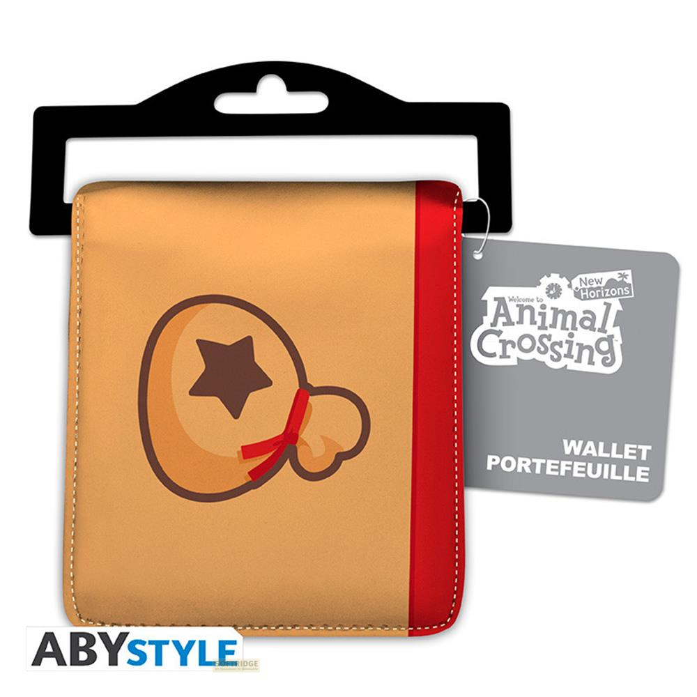 Cartera marrón con diseño de Animal Crossing y ribete rojo.