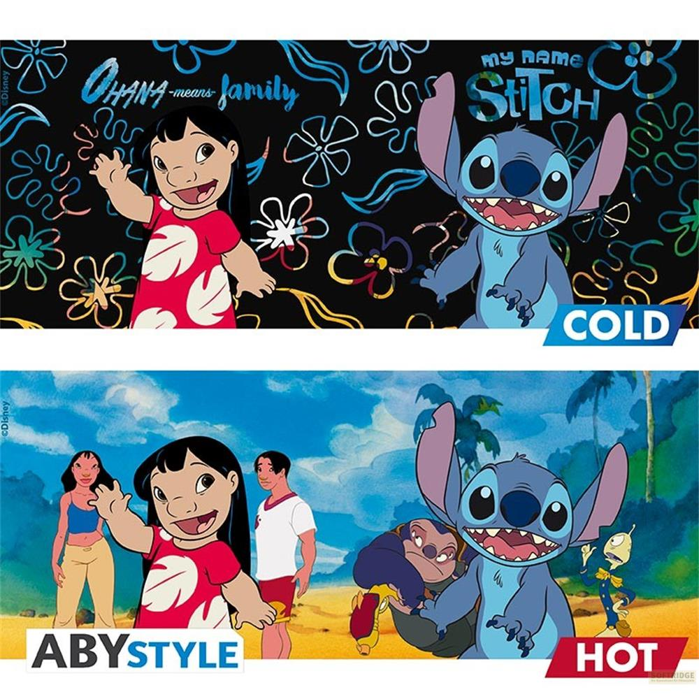 Lilo y Stitch en dos imágenes. Arriba: negro con flores y texto. Abajo: playa con personajes, mostrando "COLD" y "HOT".