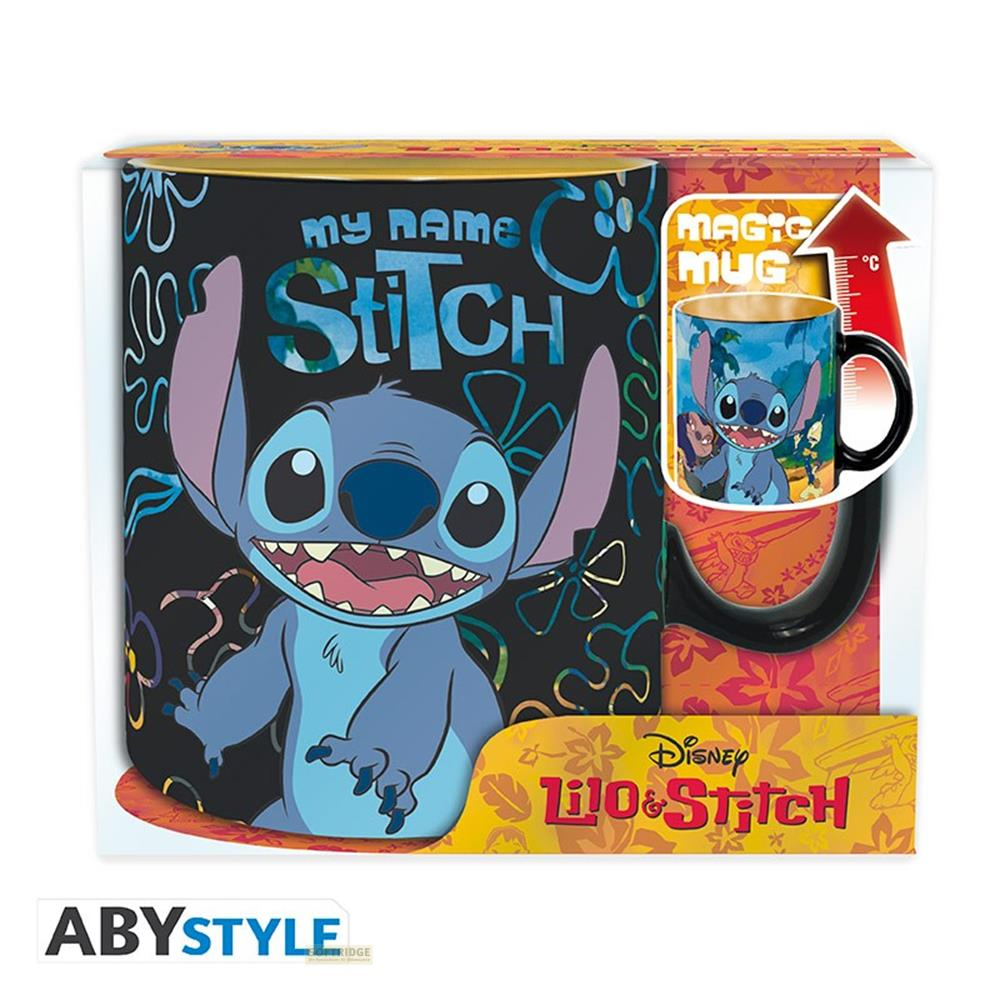 Embalaje con motivo de Stitch, mostrando una taza mágica y el personaje de Lilo & Stitch.