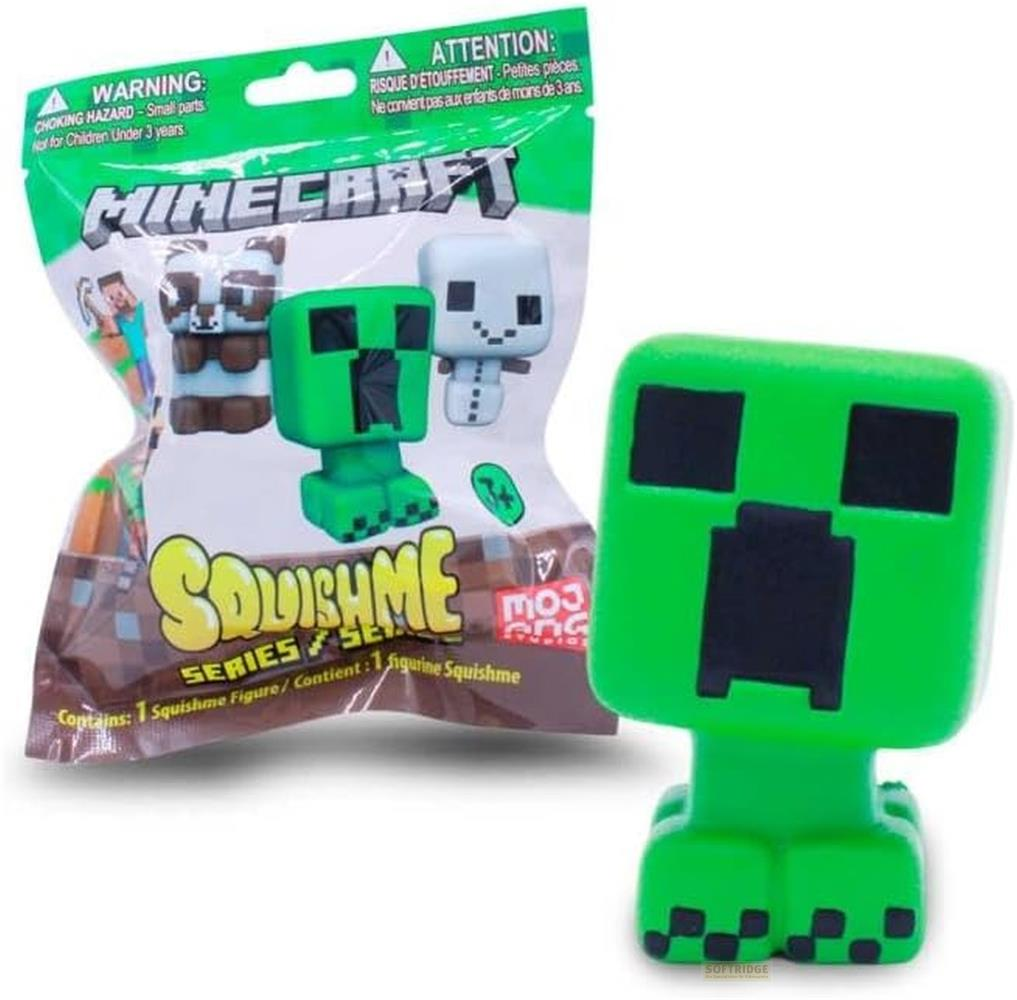 Ein grüner Minecraft Creeper Squishme steht neben seiner Verpackung.